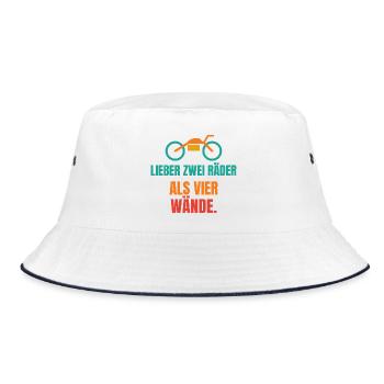 Lieber zwei Räder als vier Wände – Motorrad - Bucket Hat - Weiß/Navy - Vorne