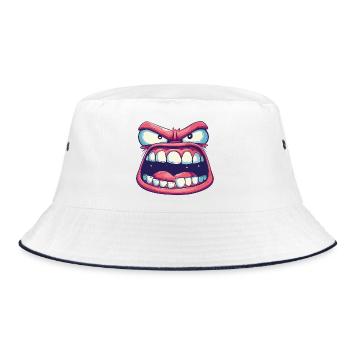 Rosa Gesicht mit seltsamem Blick und wütendem offenem Mund - Bucket Hat - Weiß/Navy - Vorne