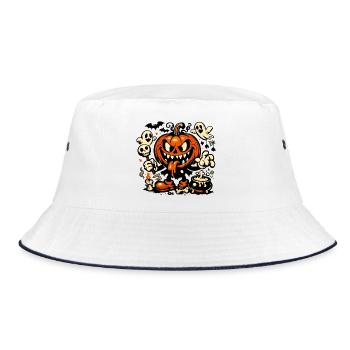 Gruseliger Kürbis Geist Fledermaus Kostüm - Bucket Hat - Weiß/Navy - Vorne