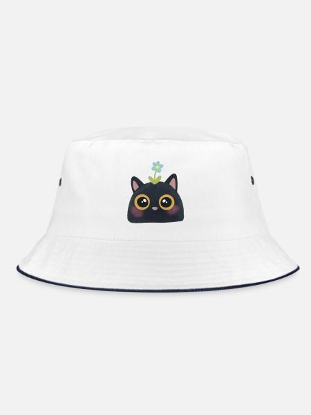 Schwarze Katze mit Blume – Niedliche, cute - Bucket Hat - Weiß/Navy