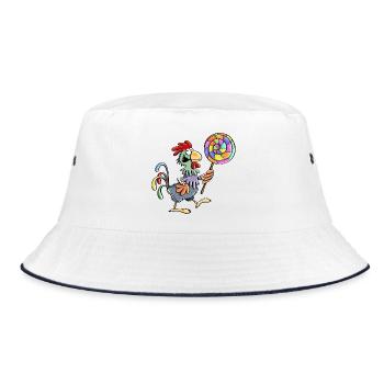 Huhn mit Lolli - Hahn - Henne - Lutscher - Essen - Bucket Hat - Weiß/Navy - Vorne