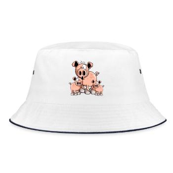 Schweine Familie - Schwein - Ferkel - Comic - Bucket Hat - Weiß/Navy - Vorne