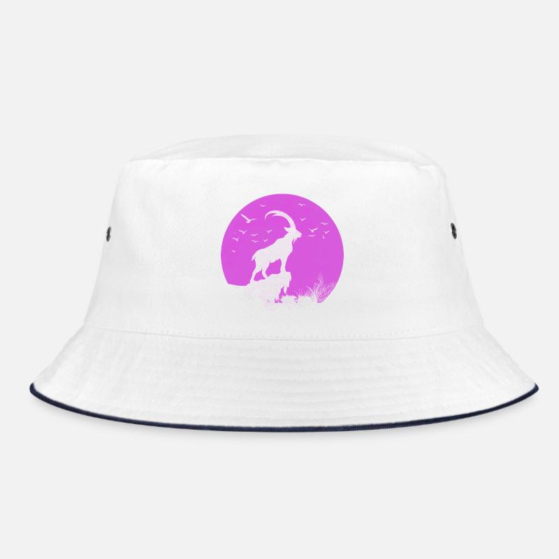 Rosa Steinbock Ibex Silhouette im Mondkreis - Bucket Hat - Weiß/Navy