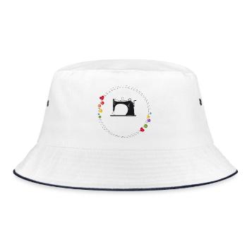 nostalgisch stilisierte Nähmaschine mit Knöpfe - Bucket Hat - Weiß/Navy - Vorne