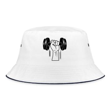 Fitness GYM Dumbbel Gewicht mit faust - Bucket Hat - Weiß/Navy - Vorne