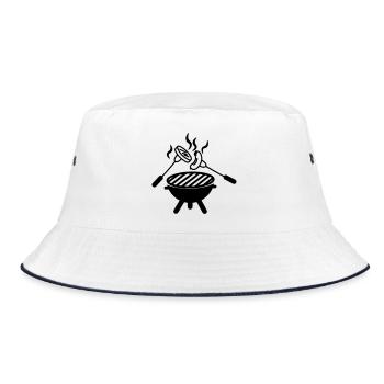 BBQ-Grill darüber Gabeln mit Wurst - Bucket Hat - Weiß/Navy - Vorne