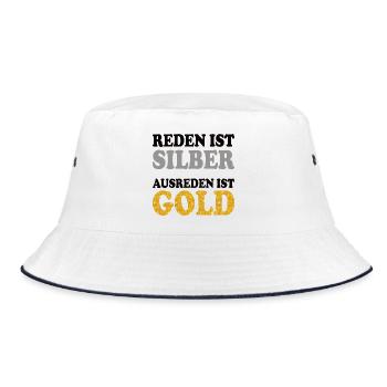 Lustiger Spruch Silber Gold reden Gespräch Dialog - Bucket Hat - Weiß/Navy - Vorne