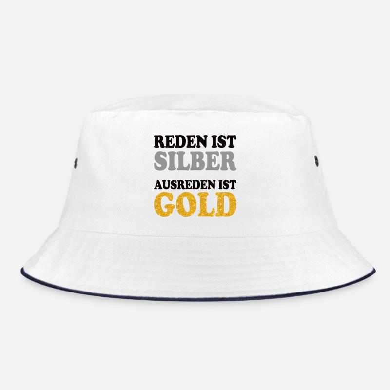 Lustiger Spruch Silber Gold reden Gespräch Dialog - Bucket Hat - Weiß/Navy