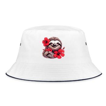 Faultier mit Hibiskusblüten - Bucket Hat - Weiß/Navy - Vorne