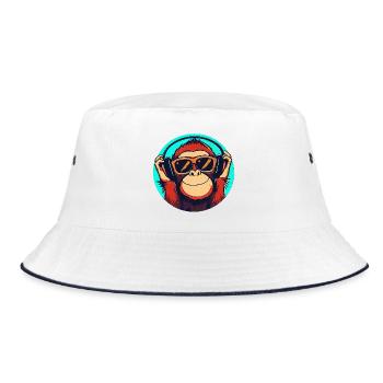 Affe mit Sonnenbrille und Kopfhörern - Bucket Hat - Weiß/Navy - Vorne