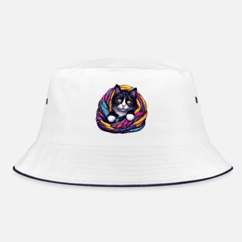 Katze - Bucket Hat - Weiß/Navy