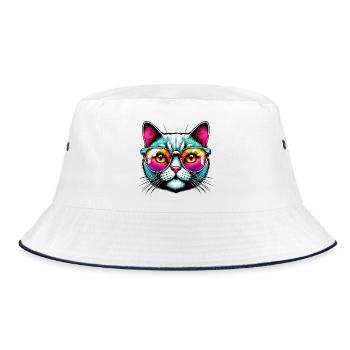 Kater mit Sonnenbrille - Bucket Hat - Weiß/Navy - Vorne