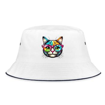 Kater mit Sonnenbrille - Bucket Hat - Weiß/Navy - Vorne