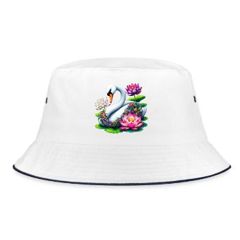 Schwan verziert mit Lotusblüten - Bucket Hat - Weiß/Navy - Vorne