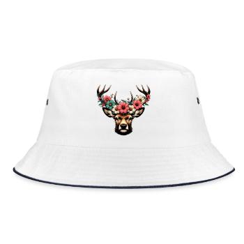 Hirsch mit Blumen - Bucket Hat - Weiß/Navy - Vorne