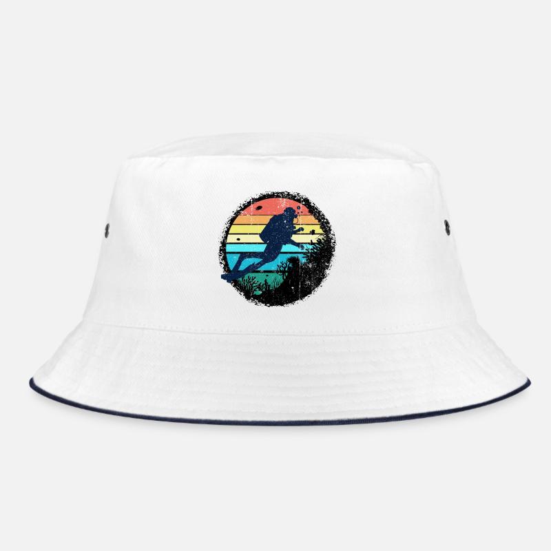 Underwater Diver Silhouette with Rainbow Sunset Bucket Hat