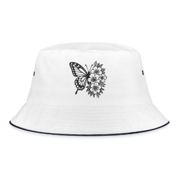 Elegante Komposition aus Schmetterling und Blumen - Bucket Hat - Weiß/Navy - Vorne