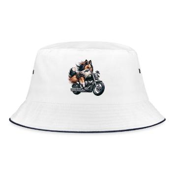 Collie motard sur une moto chopper avec lunettes - Bob - blanc/marine - Devant