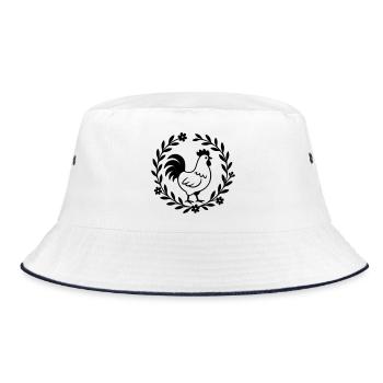 Hahn im Blumenkranz – Landhaus Motiv - Bucket Hat - Weiß/Navy - Vorne