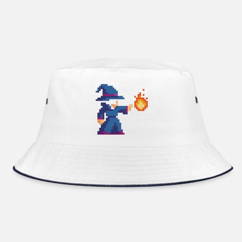 Pixel Wizard und Feuer - Bucket Hat - Weiß/Navy