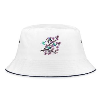 Hummingbird in different perspectives, almond blossoms - Bucket Hat - white/navy - Front