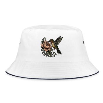 Kolibri mit Rose Vintage Tattoo - Bucket Hat - Weiß/Navy - Vorne