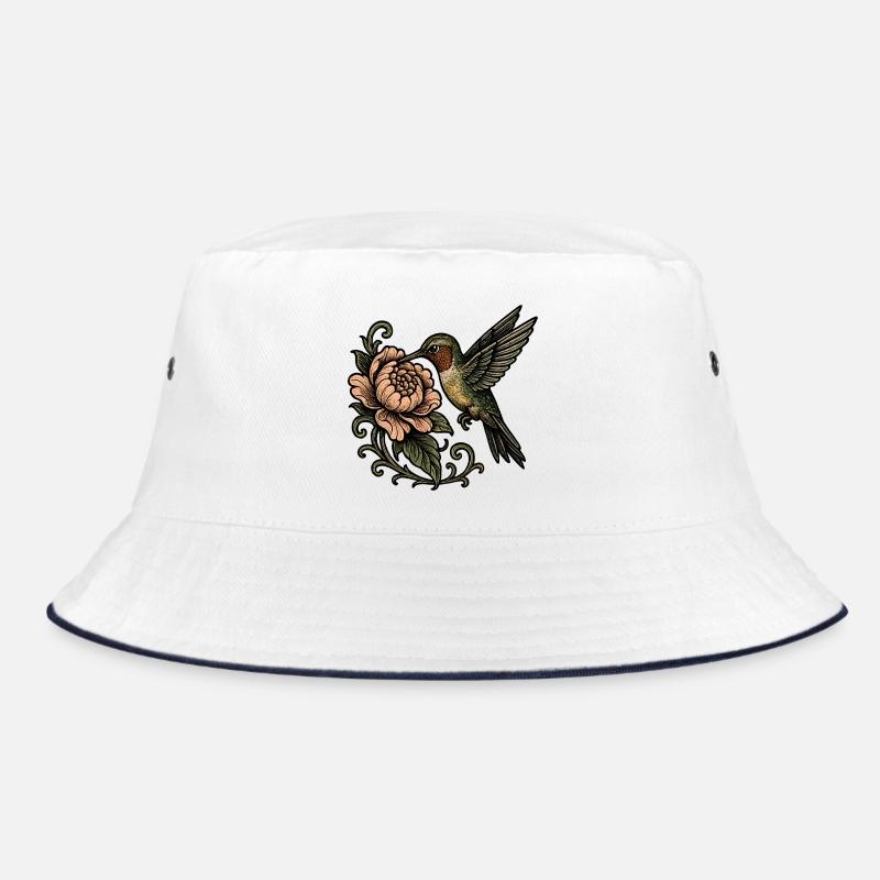 Hummingbird with Rose Vintage Tattoo - Bucket Hat - white/navy