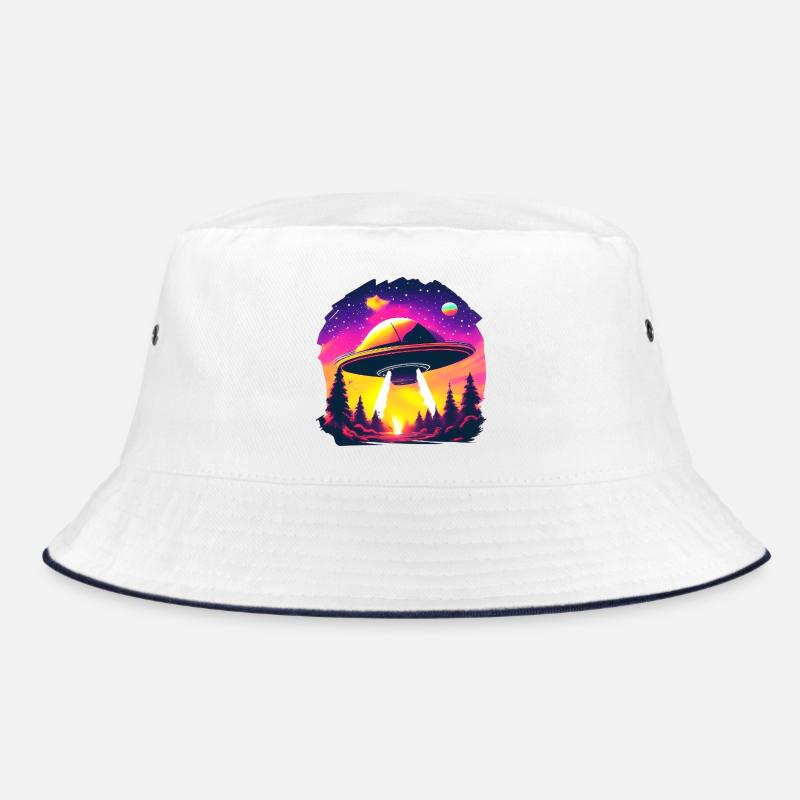 Neon UFO over neon forest Bucket Hat
