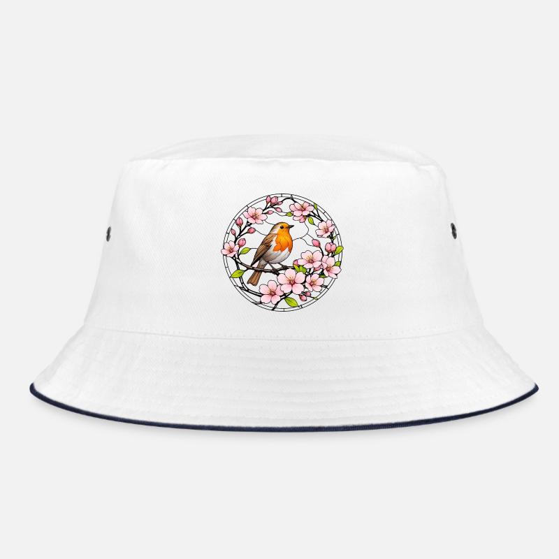 Rotkehlchen mit Kirschblüten Glasfensterstil  - Bucket Hat - Weiß/Navy