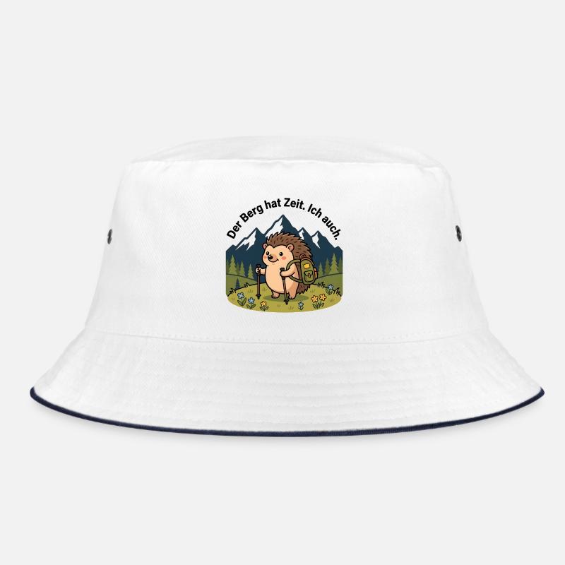 Der Berg hat Zeit. Ich auch. – Igel Wandershirt - Bucket Hat - Weiß/Navy