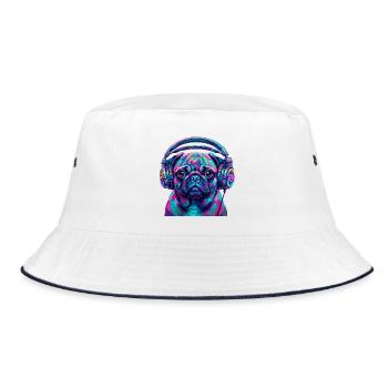 Pop Art Mops mit Kopfhörer Neon DJ Hund - Bucket Hat - Weiß/Navy - Vorne