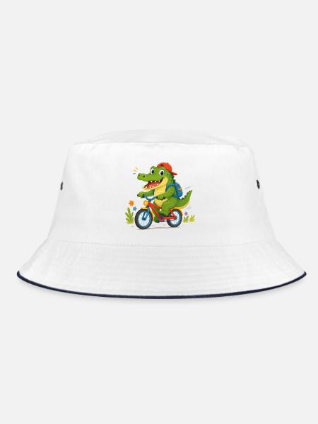 Fröhliches Krokodil fährt mit Fahrrad zur Schule - Bucket Hat - Weiß/Navy