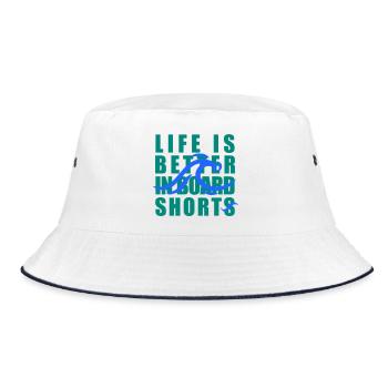 Life Is Better in Board Shorts – Surf Welle - Bucket Hat - Weiß/Navy - Vorne