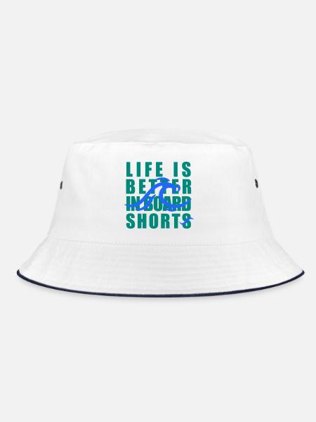 Life Is Better in Board Shorts – Surf Welle - Bucket Hat - Weiß/Navy