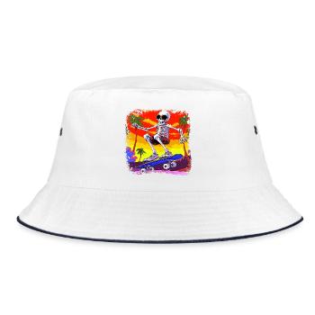 Skelett Skateboarder - Totenkopf - Bucket Hat - Weiß/Navy - Vorne