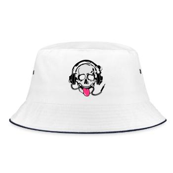 witziger Totenkopf Skull mit Kopfhörer - Bucket Hat - Weiß/Navy - Vorne