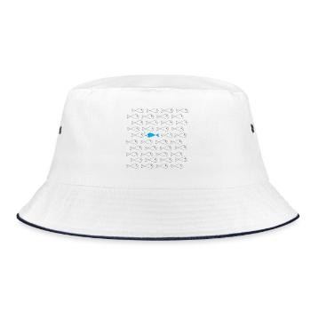 Gegen den Strom - blauer Fisch in grauem Schwarm  - Bucket Hat - Weiß/Navy - Vorne