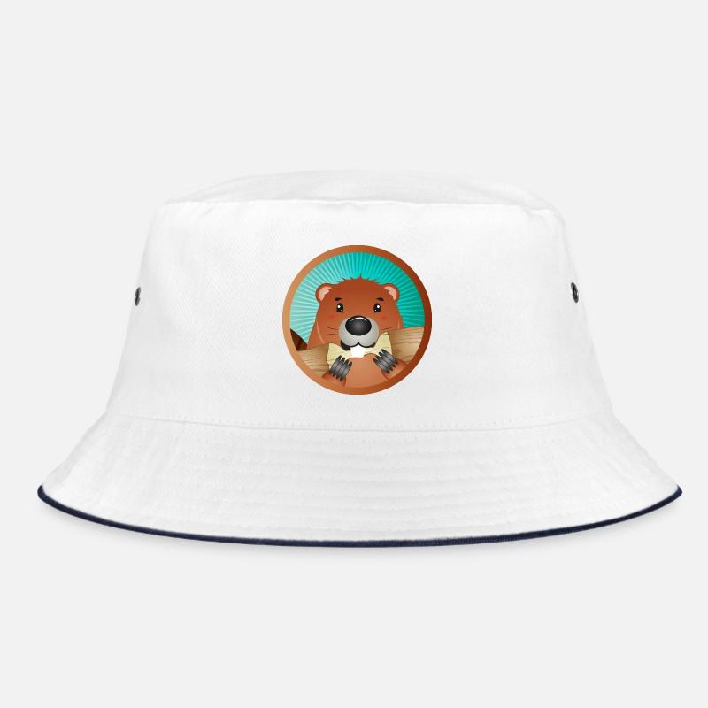niedliches Nagetier Patch - Biber knabbert am Holz - Bucket Hat - Weiß/Navy