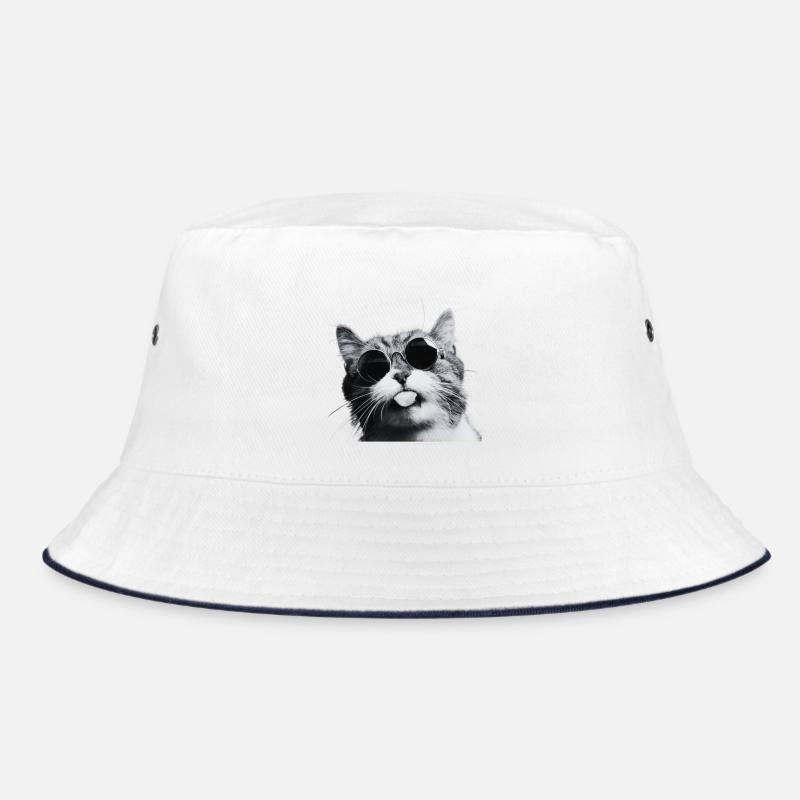Chill Cat mit runder Sonnenbrille - Bucket Hat - Weiß/Navy