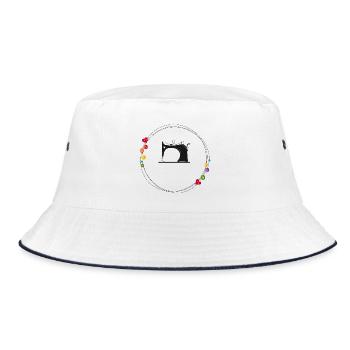 nostalgisch stilisierte Nähmaschine mit Knöpfe - Bucket Hat - Weiß/Navy - Vorne