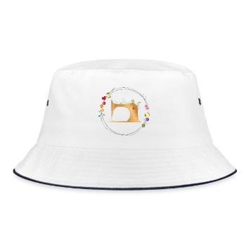 nostalgisch bunte Nähmaschine mit Nähzubehör - Bucket Hat - Weiß/Navy - Vorne