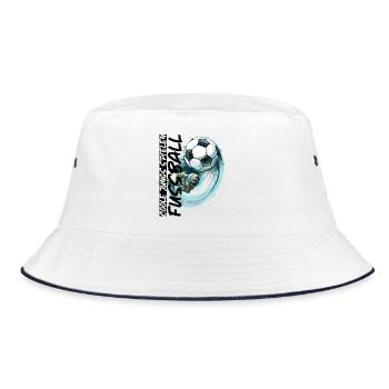 Dynamischer Fußball und Fußballschuh - Bucket Hat - Weiß/Navy - Vorne