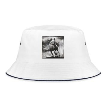Pferd im Wind – kraftvolle Wildpferd Skizze - Bucket Hat - Weiß/Navy - Vorne