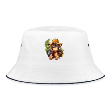 Abenteueraffe mit Safarihut und Rucksack - Bucket Hat - Weiß/Navy - Vorne