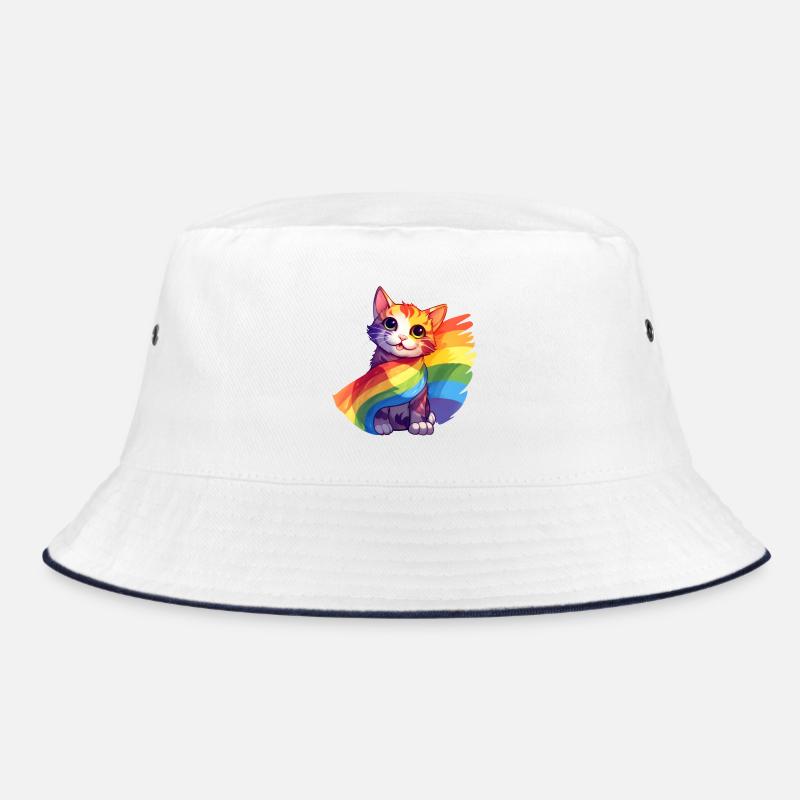 Pride Cat – Bunte Regenbogen-Katze mit Flagge Bucket Hat