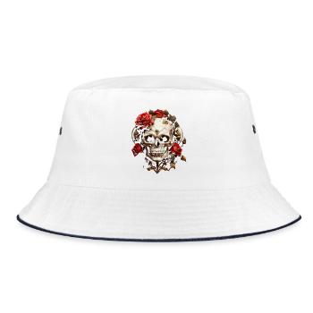 Rosenroter Schädel Kranz - Bucket Hat - Weiß/Navy - Vorne