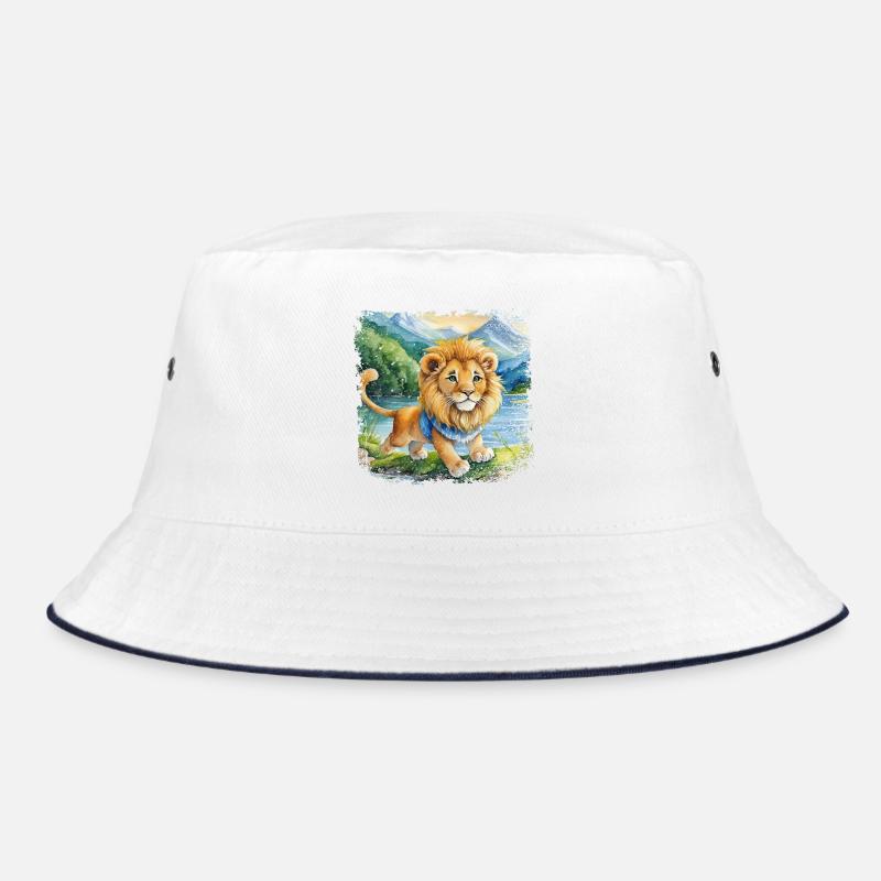 Niedlicher junger Löwe fröhlich am Fluss spielend Bucket Hat