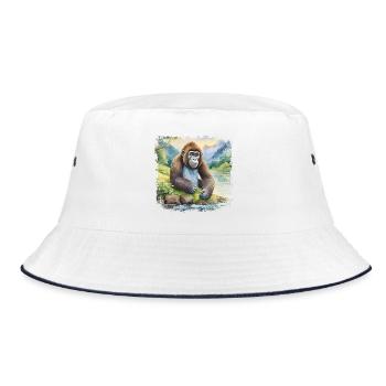 Cute Young Gorilla > Watercolor Painting - Bucket Hat - white/navy - Front