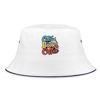 Katzen und Bücher mit Kaffee-Design - Bucket Hat - Weiß/Navy - Vorne