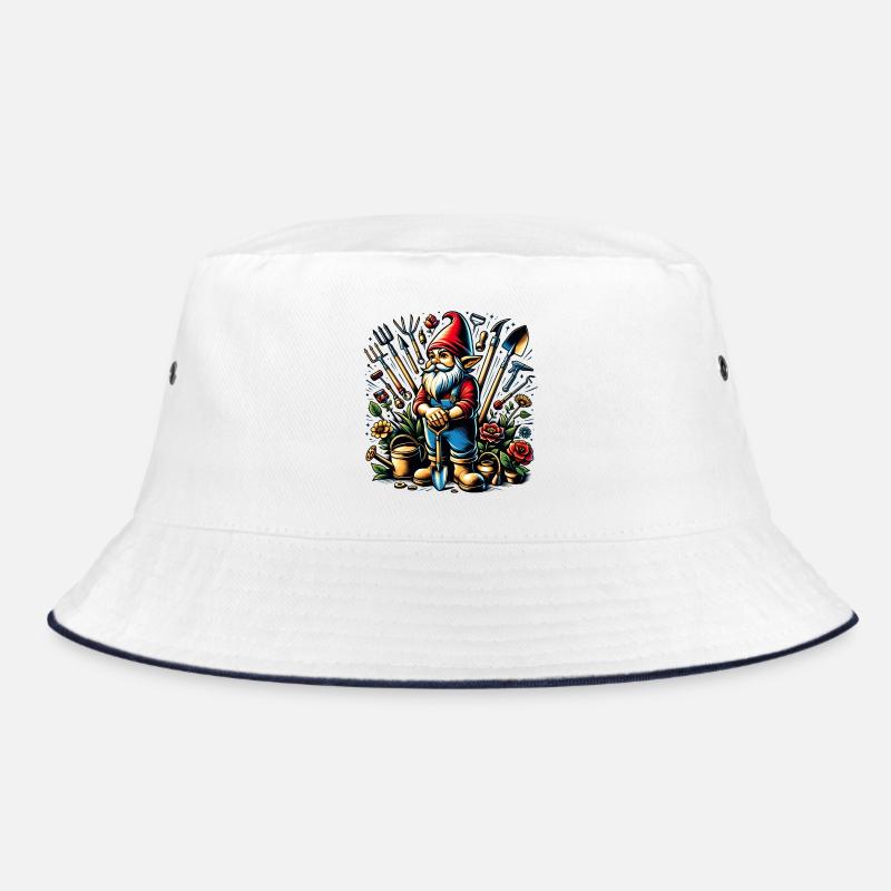 Colorful, living garden gnome surrounded by tools Bucket Hat